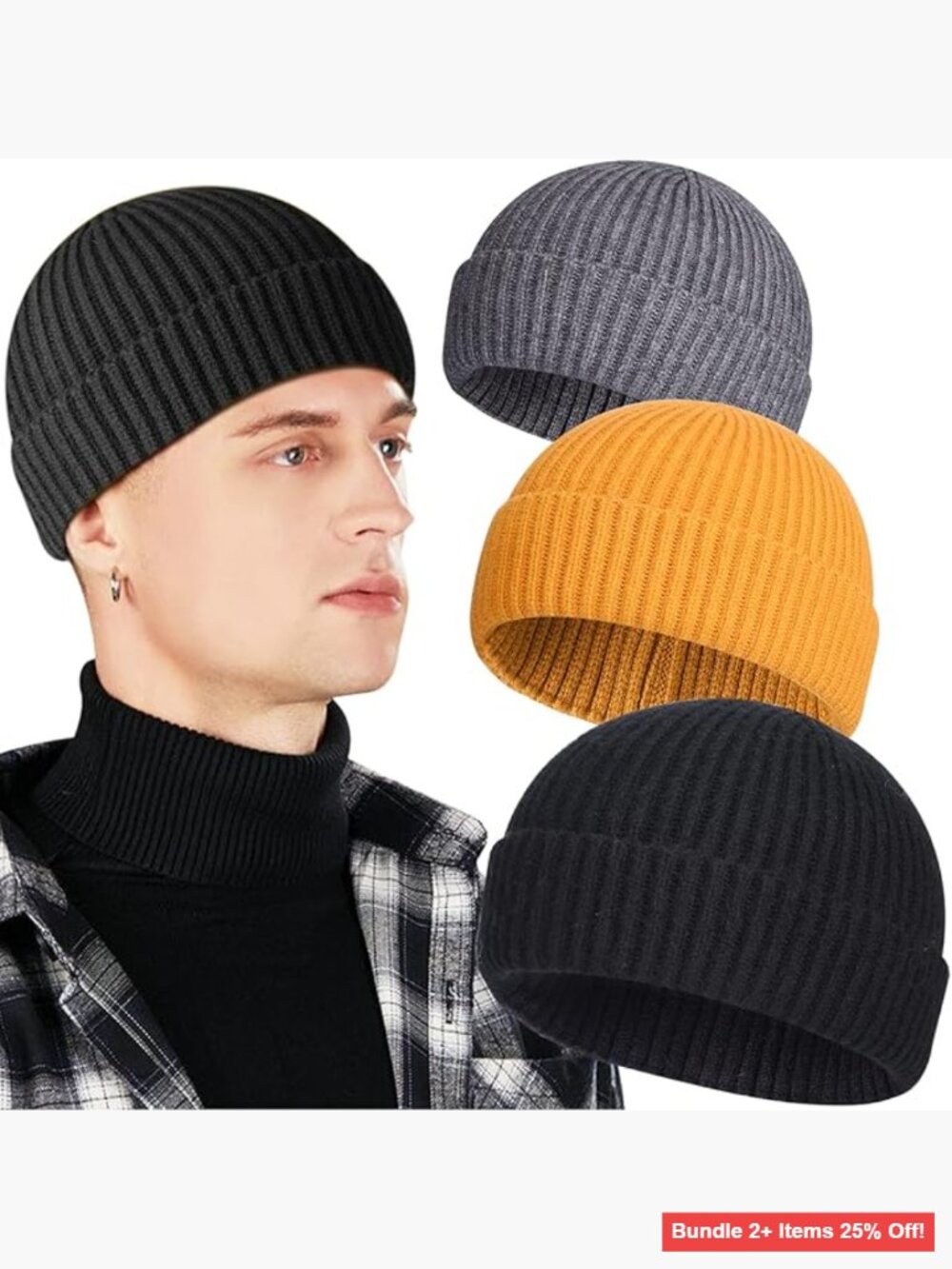 3 Pack Wool Fisherman Beanies, Short Knit Watch Caps, Cuffed Trawler Hats